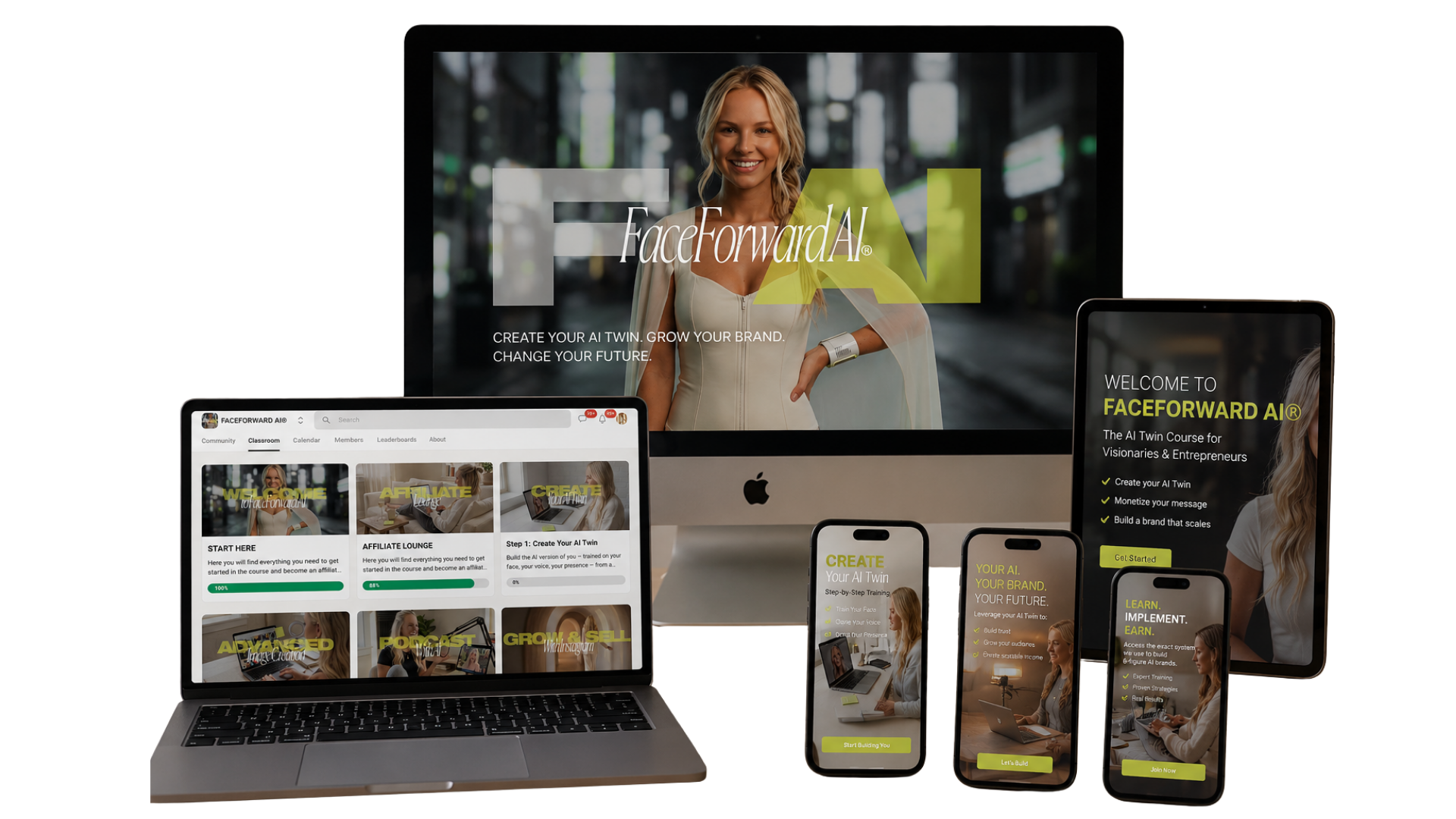 FaceForward AI® shown across desktop, tablet, and mobile devices