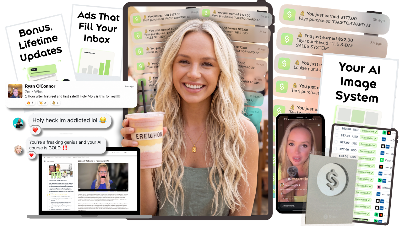 Sales proof collage showing FaceForward AI results, notifications, and course content